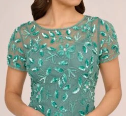 Adrianna Papell Hand Beaded Short Sleeve Floral Godet Gown In Green Slate -Allure Attire AP1E208349 AA355 Regular Detail