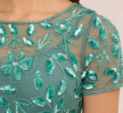 Adrianna Papell Hand Beaded Short Sleeve Floral Godet Gown In Green Slate -Allure Attire AP1E208349 AA355 Regular Lifestyle