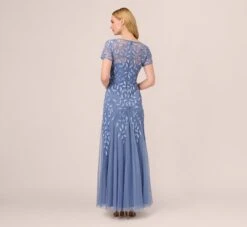 Adrianna Papell Hand Beaded Short Sleeve Floral Godet Gown In French Blue -Allure Attire AP1E208349 AA544 Regular Back