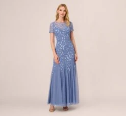 Adrianna Papell Hand Beaded Short Sleeve Floral Godet Gown In French Blue