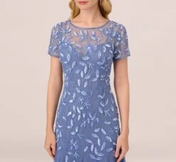 Adrianna Papell Hand Beaded Short Sleeve Floral Godet Gown In French Blue -Allure Attire AP1E208349 AA544 Regular Detail