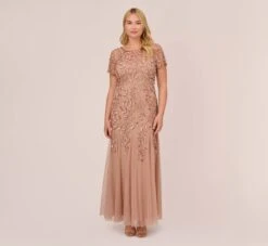 Adrianna Papell Plus Size Hand Beaded Short Sleeve Floral Godet Gown In Rose Gold