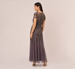 Adrianna Papell Hand Beaded Short Sleeve Floral Godet Gown In Moonscape -Allure Attire AP1E208349 AD542 Regular Back