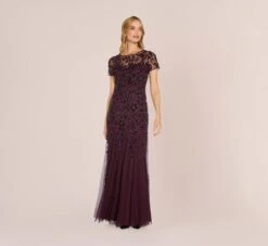 Adrianna Papell Hand Beaded Short Sleeve Floral Godet Gown In Night Plum -Allure Attire AP1E208349 BK940 Regular Alternate