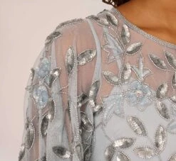 Adrianna Papell Long Floral Beaded Gown With Flutter Sleeves In Blue Heather -Allure Attire AP1E208445 AA469 Regular Lifestyle