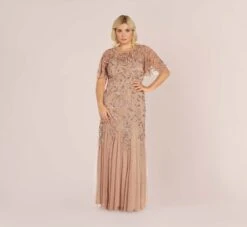 Adrianna Papell Plus Size Long Floral Beaded Gown With Flutter Sleeves In Rose Gold