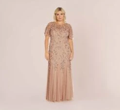 Adrianna Papell Plus Size Long Floral Beaded Gown With Flutter Sleeves In Rose Gold -Allure Attire AP1E208445 AA958 Plus Default