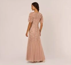 Adrianna Papell Long Floral Beaded Gown With Flutter Sleeves In Rose Gold -Allure Attire AP1E208445 AA958 Regular Back 60c79153 2423 4594 b344 b6c4dbc9417f