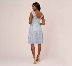 Adrianna Papell Embroidered Sleeveless Midi Cocktail Dress In Skyway -Allure Attire AP1E208600 AC459 Regular Back