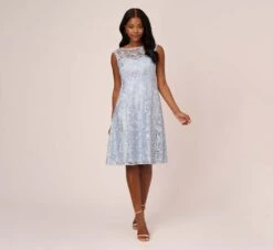 Adrianna Papell Embroidered Sleeveless Midi Cocktail Dress In Skyway -Allure Attire AP1E208600 AC459 Regular Front