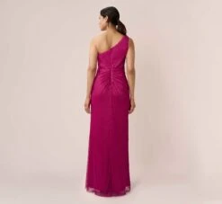 Adrianna Papell Stardust Pleated Draped One Shoulder Gown In Magenta -Allure Attire AP1E208794 AA670 Regular Back