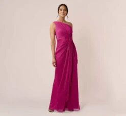 Adrianna Papell Stardust Pleated Draped One Shoulder Gown In Magenta