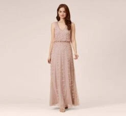 Adrianna Papell Hand Beaded Long Blouson Mermaid Gown In Steel Rose