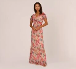 Adrianna Papell Floral-Print Metallic Twist Front Long Gown With Flutter Sleeves In Alabaster Multi