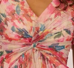 Adrianna Papell Floral-Print Metallic Twist Front Long Gown With Flutter Sleeves In Alabaster Multi -Allure Attire AP1E208980 AH105 Regular Detail