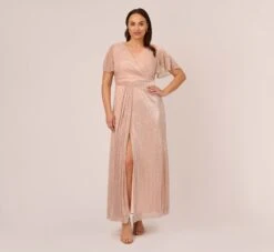 Adrianna Papell Plus Size Metallic Mesh Draped Gown In Rose Gold