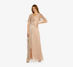 Adrianna Papell Metallic Mesh Draped Gown In Rose Gold