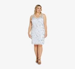 Adrianna Papell Plus Size Floral Embroidered Sheath Dress In Clearwater Ivory -Allure Attire AP1E209030 AJ453 Plus Side