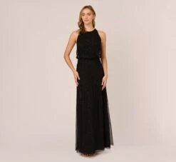 Adrianna Papell Halter Hand-Beaded Blouson Gown With Keyhole Back In Black