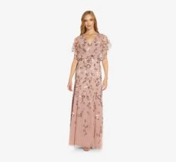 Adrianna Papell Long Hand Beaded Flutter Sleeve Blouson Gown In Candied Ginger -Allure Attire AP1E209124 AO695 Regular Alternate