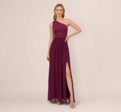 Adrianna Papell One-Shoulder Chiffon Long Gown In Cassis