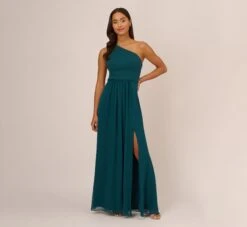 Adrianna Papell One-Shoulder Chiffon Long Gown In Hunter
