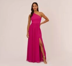 Adrianna Papell One-Shoulder Chiffon Long Gown In Bright Magenta