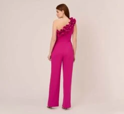 Adrianna Papell Crepe One-Shoulder Ruffled Wide-Leg Jumpsuit In Brilliant Fuchsia -Allure Attire AP1E209165 AW670 Regular Back