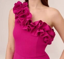 Adrianna Papell Crepe One-Shoulder Ruffled Wide-Leg Jumpsuit In Brilliant Fuchsia -Allure Attire AP1E209165 AW670 Regular Detail