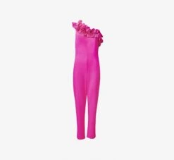 Adrianna Papell Crepe One-Shoulder Ruffled Wide-Leg Jumpsuit In Brilliant Fuchsia -Allure Attire AP1E209165 AW670 Regular Flat