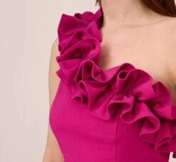 Adrianna Papell Crepe One-Shoulder Ruffled Wide-Leg Jumpsuit In Brilliant Fuchsia -Allure Attire AP1E209165 AW670 Regular Lifestyle