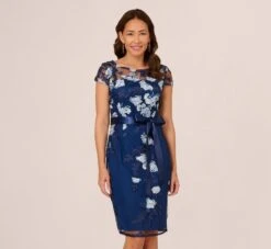 Adrianna Papell Embroidered Sheath Dress In Midnight Multi