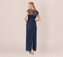 Adrianna Papell Metallic Embroidered Column Gown In Midnight -Allure Attire AP1E209204 AB411 Regular Back