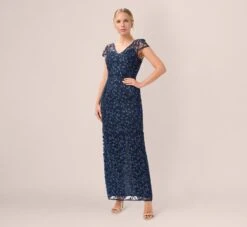 Adrianna Papell Metallic Embroidered Column Gown In Midnight
