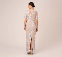 Adrianna Papell Floral Embroidered Gown In Biscotti Multi -Allure Attire AP1E209277 AC268 Regular Back