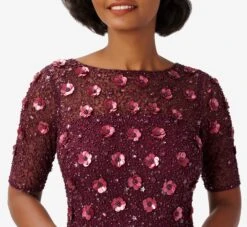Adrianna Papell Long Hand Beaded 3D Floral Dress With Elbow Sleeves In Cassis -Allure Attire AP1E209314 AC507 Regular Detail