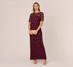 Adrianna Papell Long Hand Beaded 3D Floral Dress With Elbow Sleeves In Cassis -Allure Attire AP1E209314 AC507 Regular Side