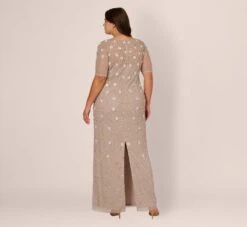 Adrianna Papell Plus Size Long Hand Beaded 3D Floral Dress With Elbow Sleeves In Marble -Allure Attire AP1E209314 AE064 Plus Back