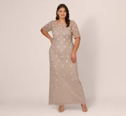Adrianna Papell Plus Size Long Hand Beaded 3D Floral Dress With Elbow Sleeves In Marble