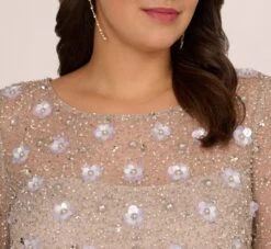 Adrianna Papell Plus Size Long Hand Beaded 3D Floral Dress With Elbow Sleeves In Marble -Allure Attire AP1E209314 AE064 Plus Detail