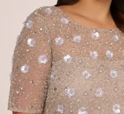 Adrianna Papell Plus Size Long Hand Beaded 3D Floral Dress With Elbow Sleeves In Marble -Allure Attire AP1E209314 AE064 Plus Lifestyle