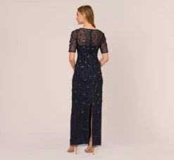 Adrianna Papell Long Hand Beaded 3D Floral Dress With Elbow Sleeves In Dusty Navy -Allure Attire AP1E209314 AK469 Regular Back