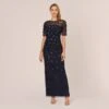 Adrianna Papell Long Hand Beaded 3D Floral Dress With Elbow Sleeves In Dusty Navy