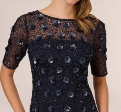 Adrianna Papell Long Hand Beaded 3D Floral Dress With Elbow Sleeves In Dusty Navy -Allure Attire AP1E209314 AK469 Regular Detail