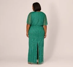 Adrianna Papell Plus Size Hand-Beaded Illusion Long Column Blouson Gown In Jungle Green -Allure Attire AP1E209335 AH314 Plus Back
