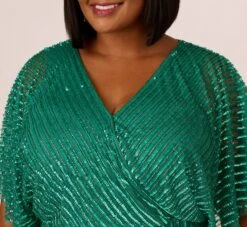 Adrianna Papell Plus Size Hand-Beaded Illusion Long Column Blouson Gown In Jungle Green -Allure Attire AP1E209335 AH314 Plus Detail