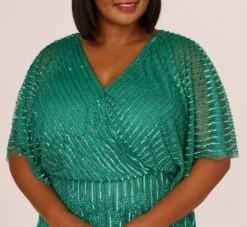 Adrianna Papell Plus Size Hand-Beaded Illusion Long Column Blouson Gown In Jungle Green -Allure Attire AP1E209335 AH314 Plus Lifestyle