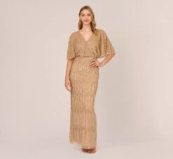 Adrianna Papell Hand-Beaded Illusion Long Column Blouson Gown In Champagne Gold