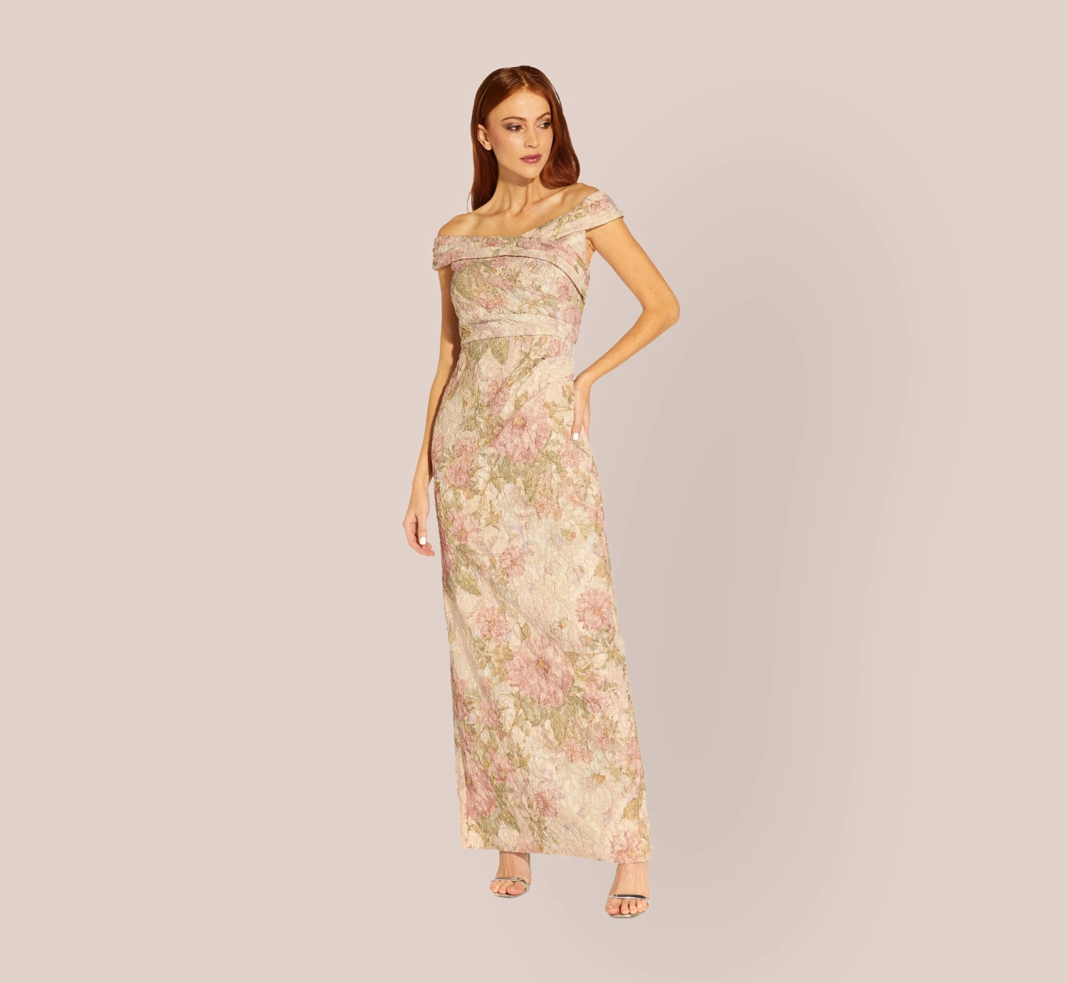 Adrianna Papell Floral Off-The-Shoulder Matelasse Column Gown In Rose Multi 1 Adrianna Papell Floral Off-The-Shoulder Matelasse Column Gown In Rose Multi