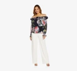 Adrianna Papell Floral-Print Chiffon Blouson Blouse In Midnight Multi -Allure Attire AP1E209404 AE489 Regular Side